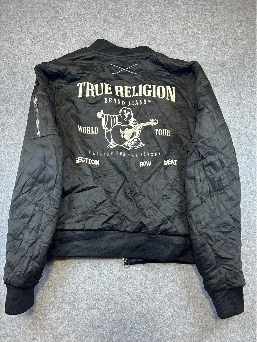 True Religion Bomber Jacket Men M Quilted Reversible Streetwear Buddha Logo TR